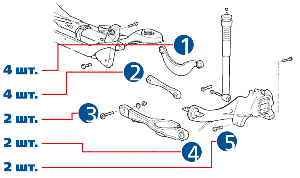Torque комплект сайлентблоков для ремонта задней подвески Форд Фокус S-KIT001 Ford Focus I, II и Mazda 3
