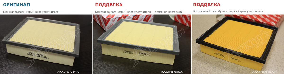 подделка как отличить оригинал настоящий от фальшивки воздушный фильтр TOYOTA 17801-31131 Тойота