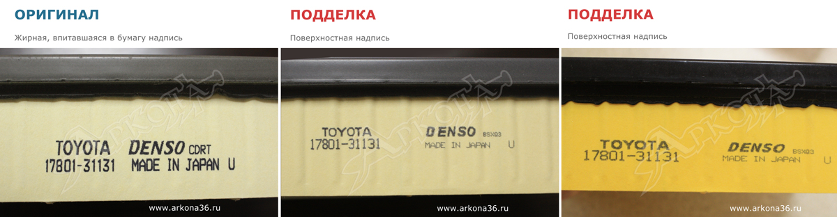 подделка как отличить оригинал настоящий от фальшивки воздушный фильтр TOYOTA 17801-31131 Тойота